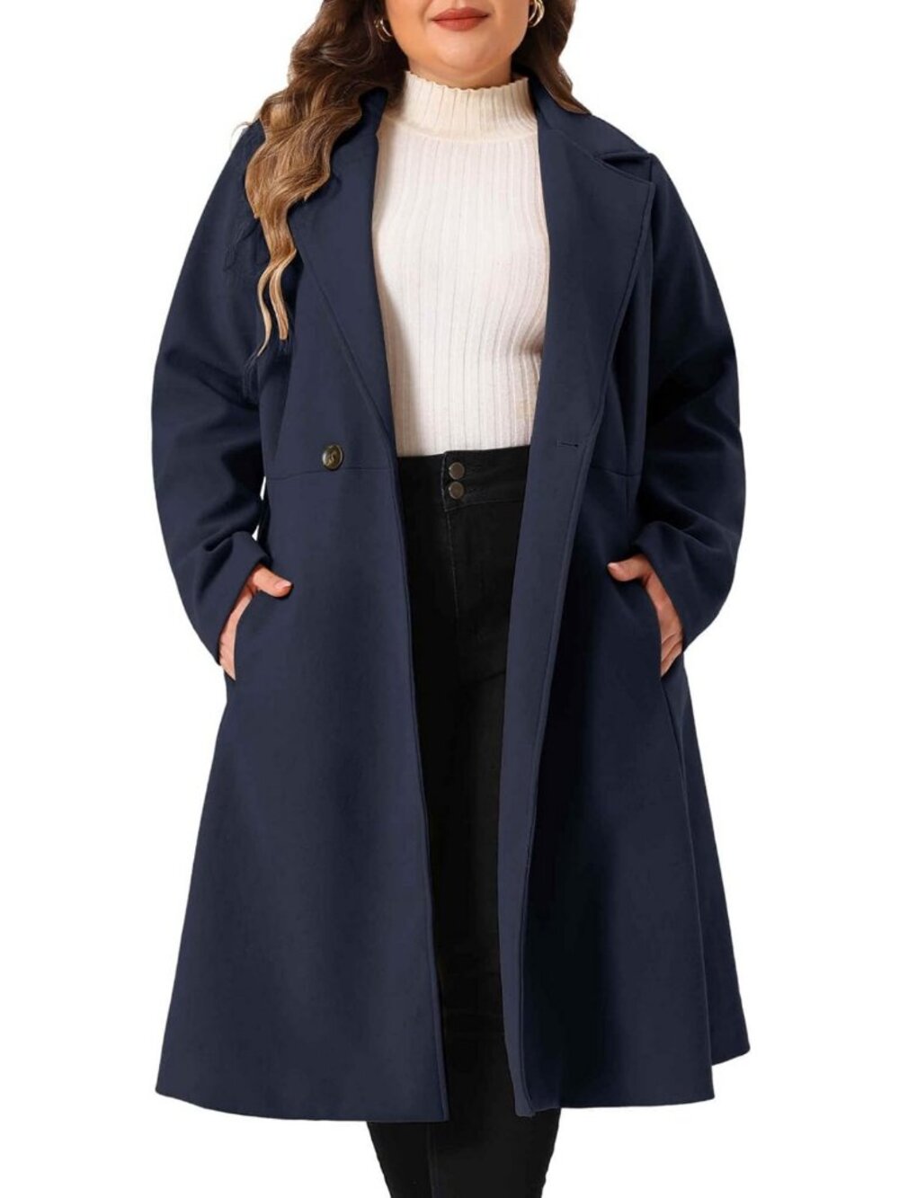 Plus Size Women's Double Breasted Long Winter Coat with Notch Lapel - Stylish